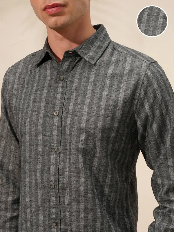 Highlander Men Charcoal Striped Slim Fit Casual Shirt