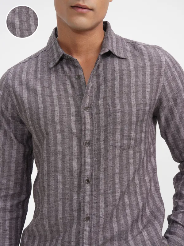 Highlander Men Lavender Striped Slim Fit Casual Shirt