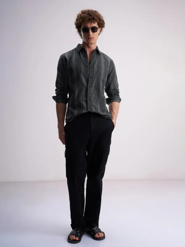 Highlander Men Black Striped Slim Fit Casual Shirt