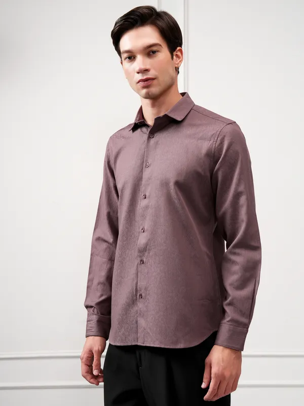 Highlander Men Purple Self Design Slim Fit Casual Shirt