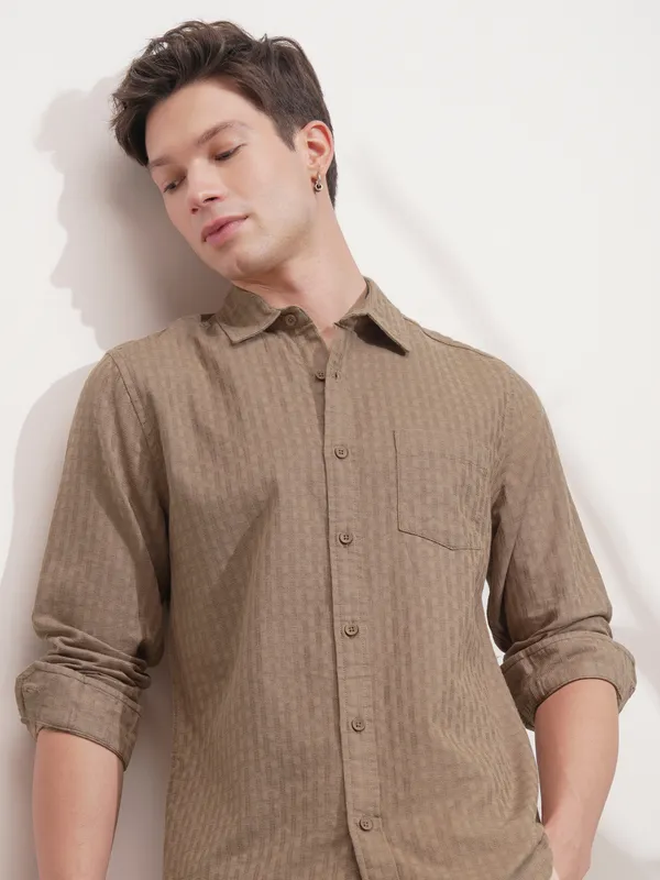 Highlander Men Tan Self Design Slim Fit Casual Shirt