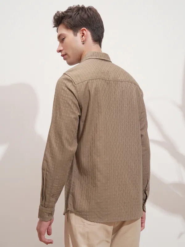 Highlander Men Tan Self Design Slim Fit Casual Shirt