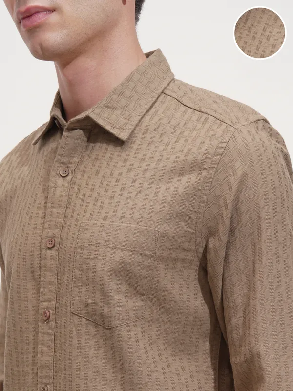 Highlander Men Tan Self Design Slim Fit Casual Shirt