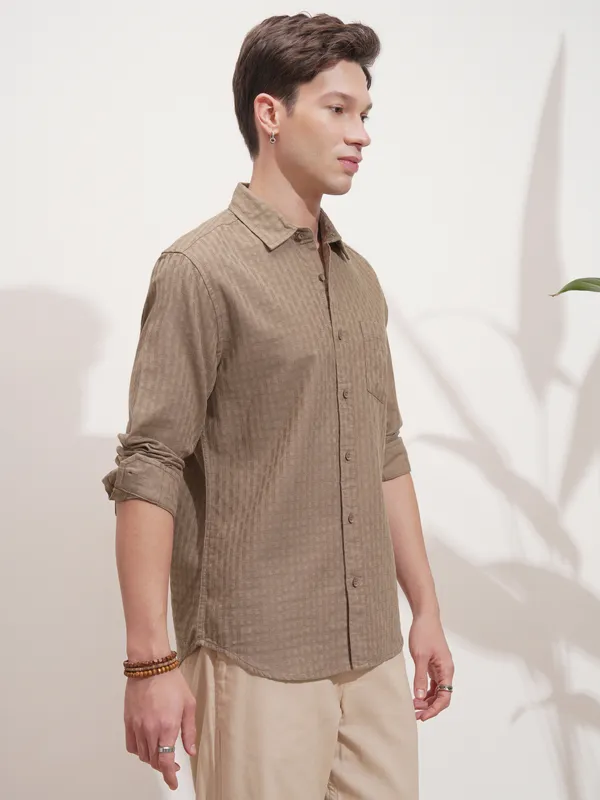 Highlander Men Tan Self Design Slim Fit Casual Shirt