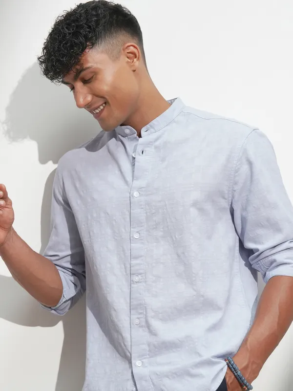 Highlander Men Blue Self Design Relaxed Fit Casual Shirt