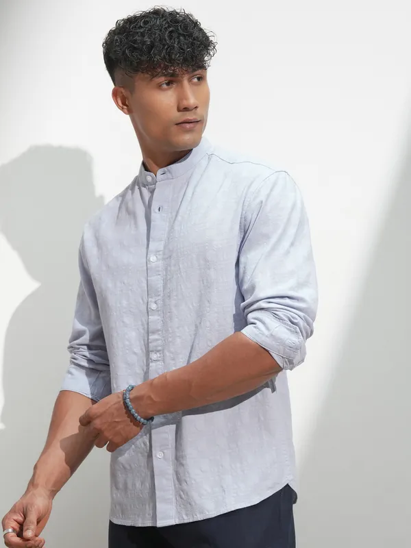 Highlander Men Blue Self Design Relaxed Fit Casual Shirt