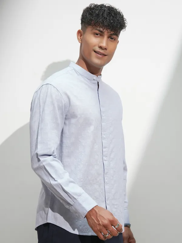 Highlander Men Blue Self Design Relaxed Fit Casual Shirt