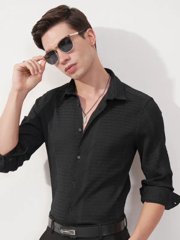 Highlander Men Black Self Design Slim Fit Casual Shirt