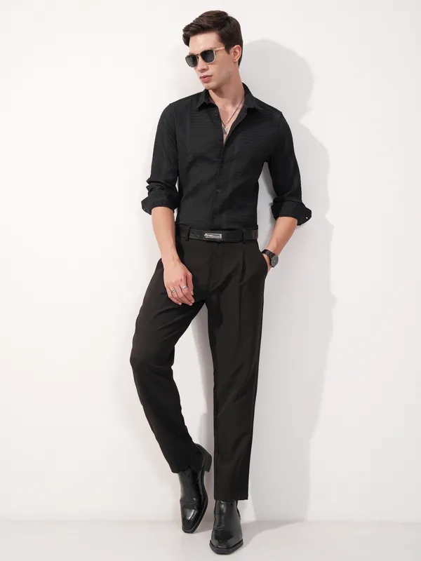 Highlander Men Black Self Design Slim Fit Casual Shirt