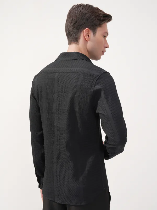 Highlander Men Black Self Design Slim Fit Casual Shirt