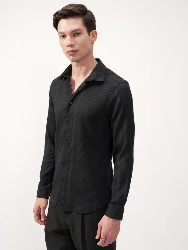 Highlander Men Black Self Design Slim Fit Casual Shirt