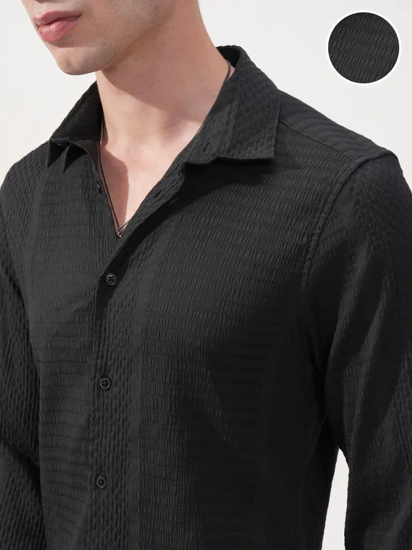 Highlander Men Black Self Design Slim Fit Casual Shirt