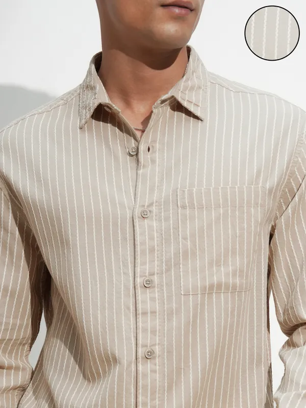 Highlander Men Beige Self Design Relaxed Fit Casual Shirt