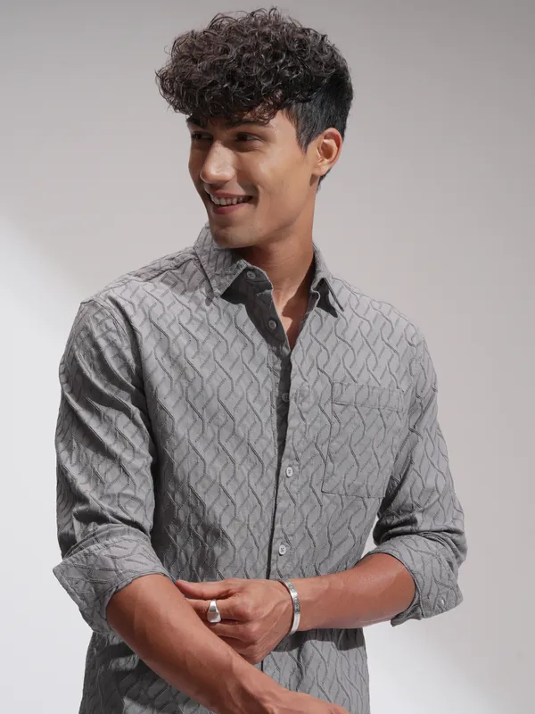 Highlander Men Grey Self Design Relaxed Fit Casual Shirt