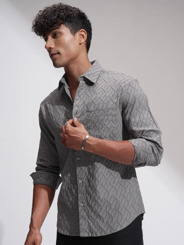 Highlander Men Grey Self Design Relaxed Fit Casual Shirt