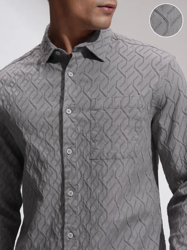 Highlander Men Grey Self Design Relaxed Fit Casual Shirt