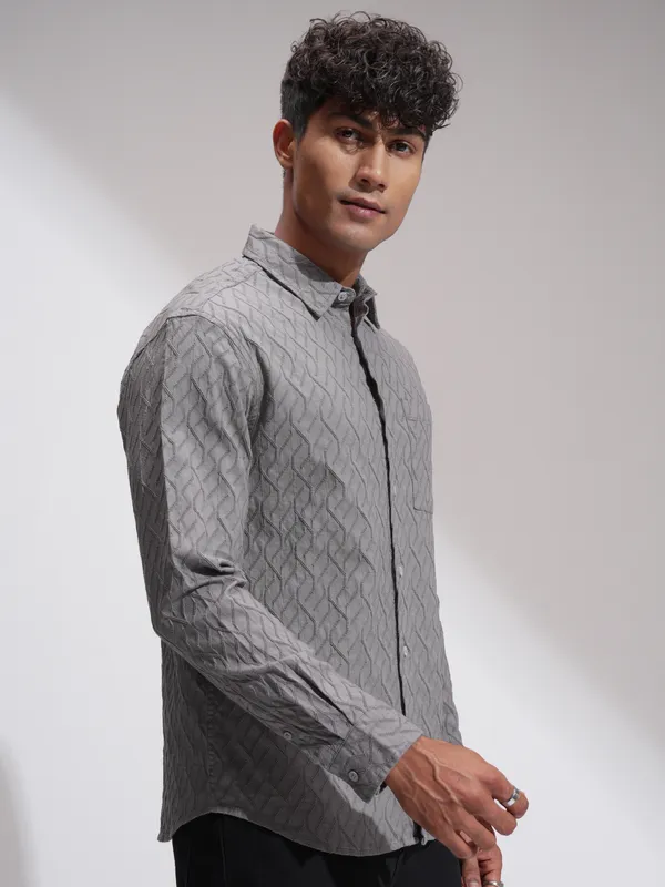 Highlander Men Grey Self Design Relaxed Fit Casual Shirt