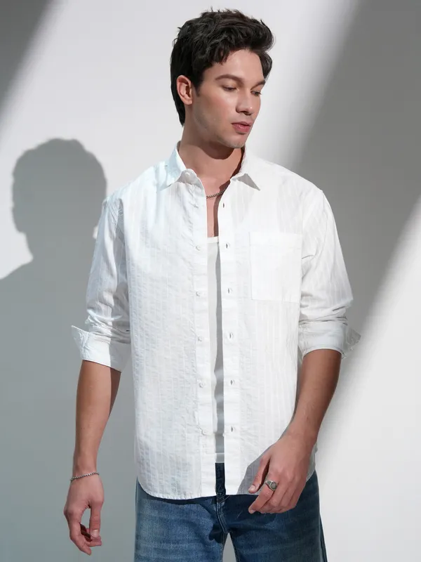 Highlander Men White Striped Relaxed Fit Casual Shirt