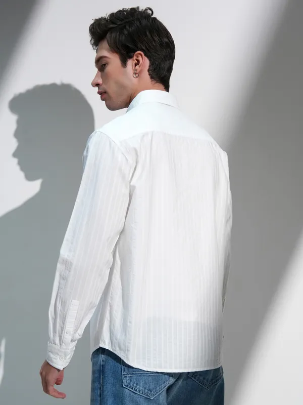 Highlander Men White Striped Relaxed Fit Casual Shirt