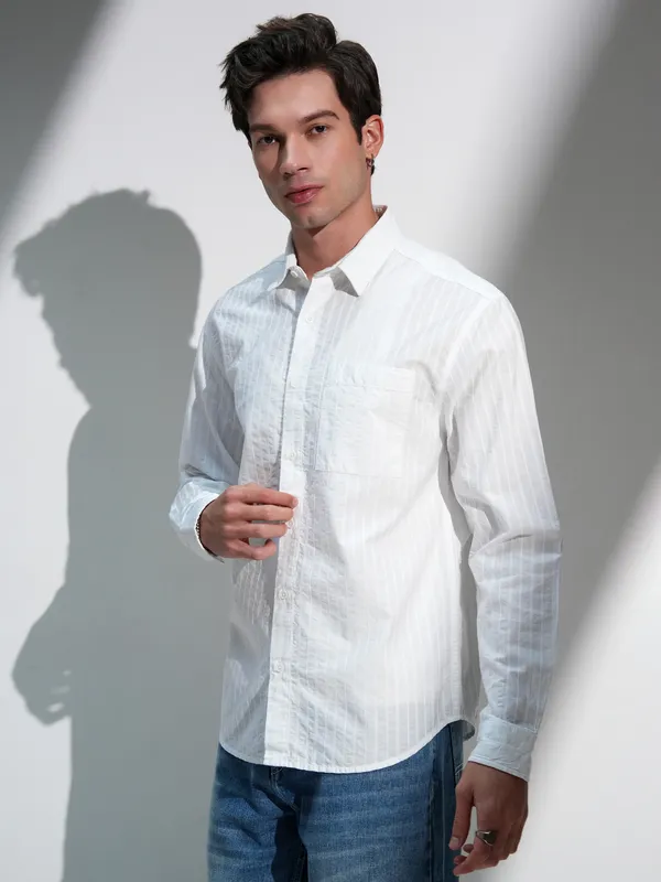 Highlander Men White Striped Relaxed Fit Casual Shirt