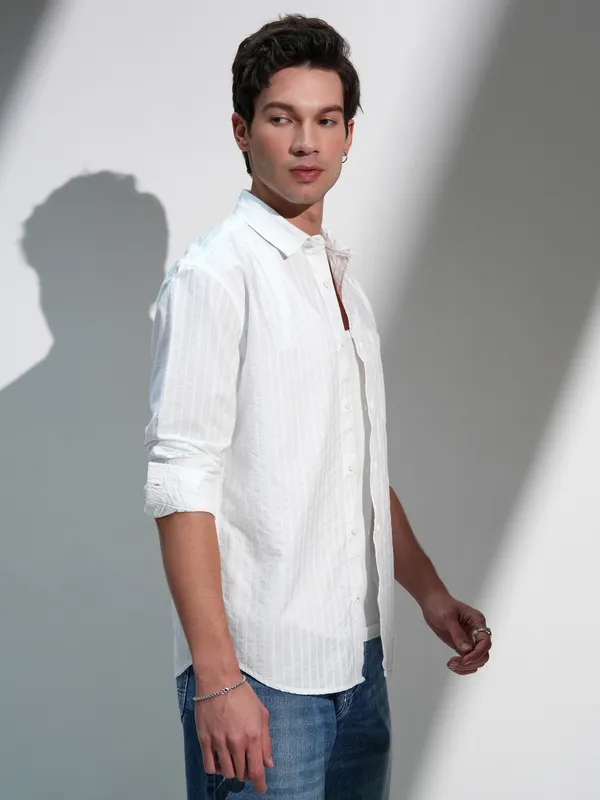 Highlander Men White Striped Relaxed Fit Casual Shirt
