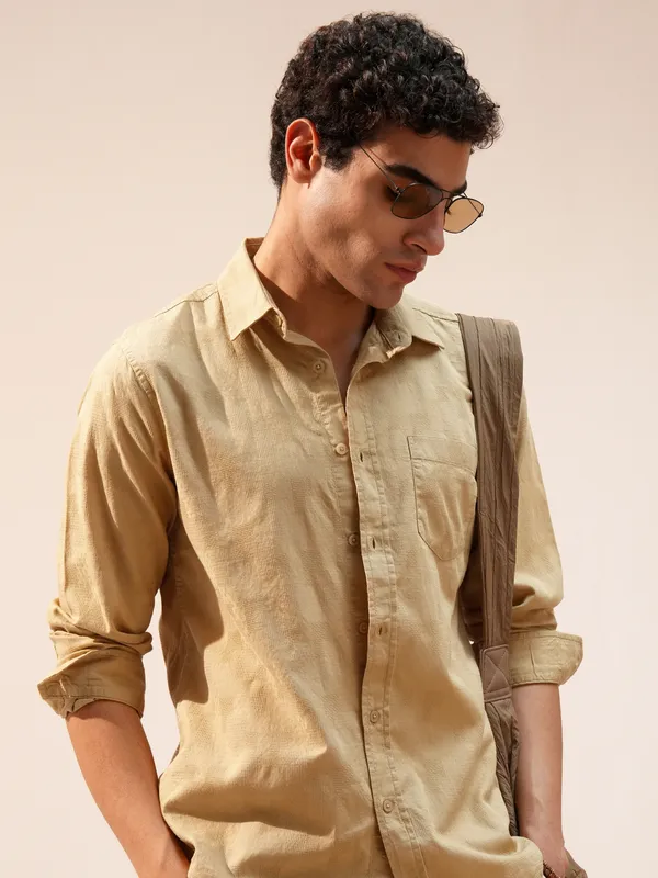Highlander Men Khaki Self Design Relaxed Fit Casual Shirt