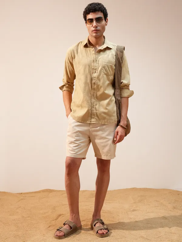 Highlander Men Khaki Self Design Relaxed Fit Casual Shirt