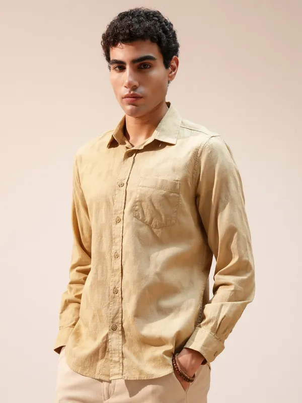 Highlander Men Khaki Self Design Relaxed Fit Casual Shirt