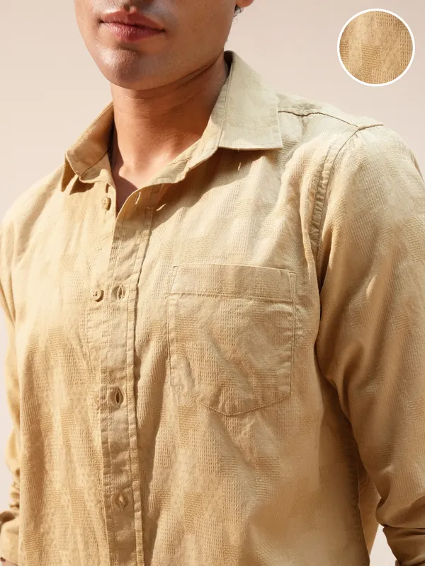 Highlander Men Khaki Self Design Relaxed Fit Casual Shirt