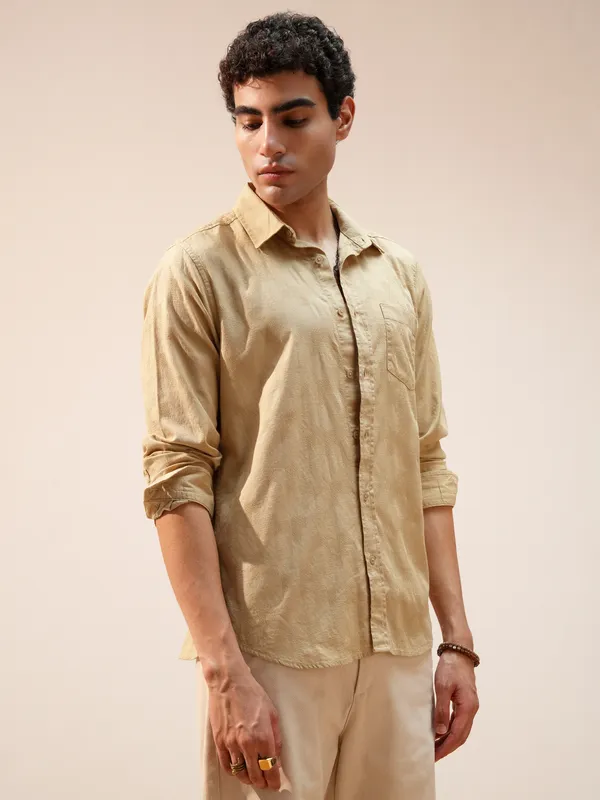 Highlander Men Khaki Self Design Relaxed Fit Casual Shirt