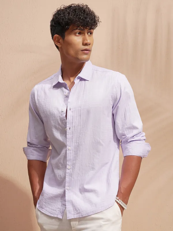 Highlander Men Purple Self Design Slim Fit Casual Shirt