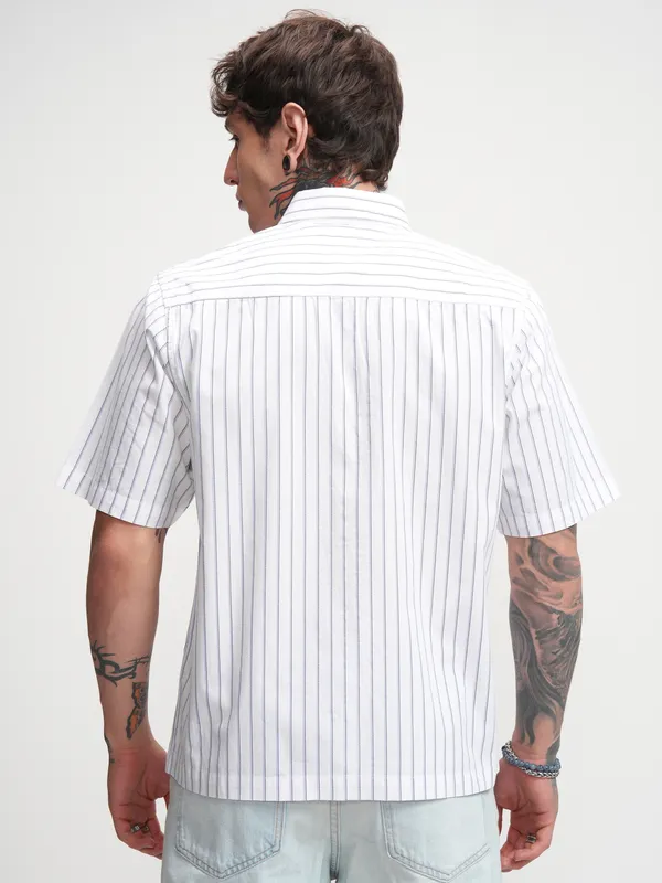 Highlander Men White Striped Boxy Fit Casual Shirt