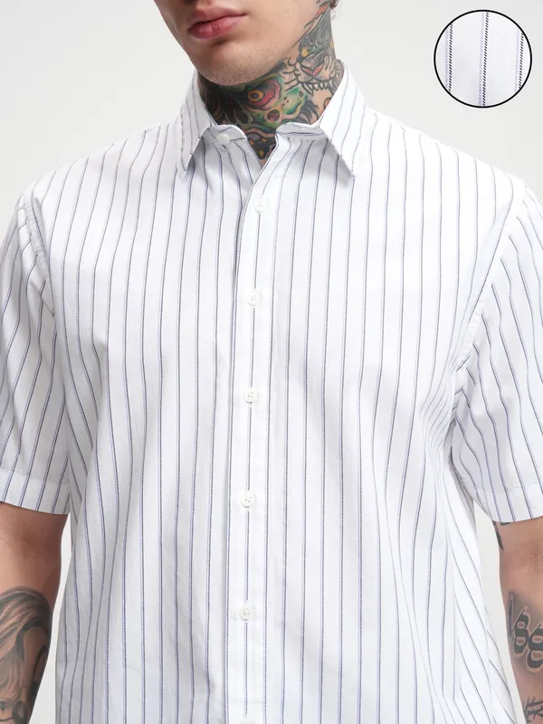 Highlander Men White Striped Boxy Fit Casual Shirt
