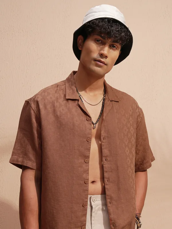 Highlander Men Rust Self Design Oversized Fit Casual Shirt