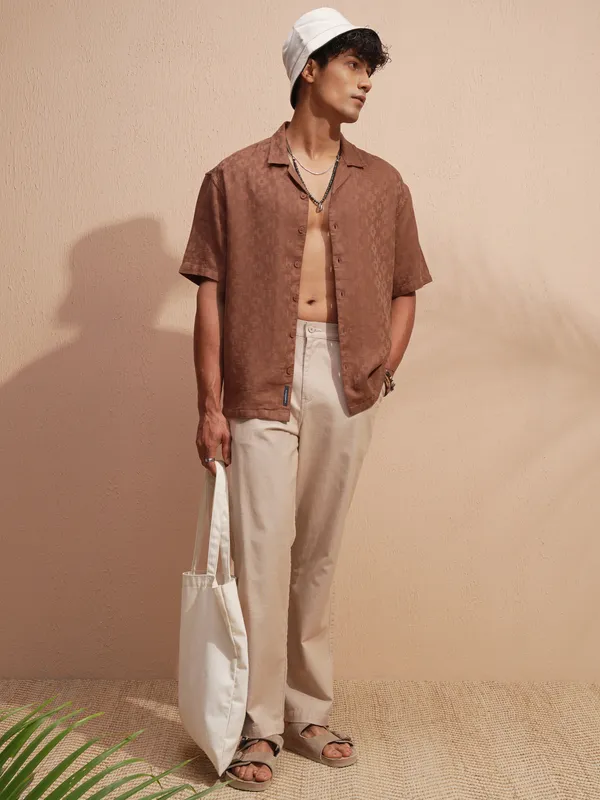 Highlander Men Rust Self Design Oversized Fit Casual Shirt