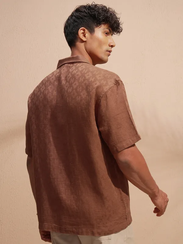 Highlander Men Rust Self Design Oversized Fit Casual Shirt