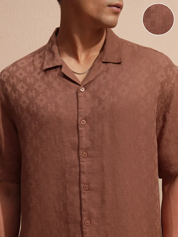 Highlander Men Rust Self Design Oversized Fit Casual Shirt