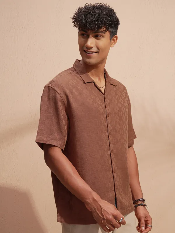 Highlander Men Rust Self Design Oversized Fit Casual Shirt