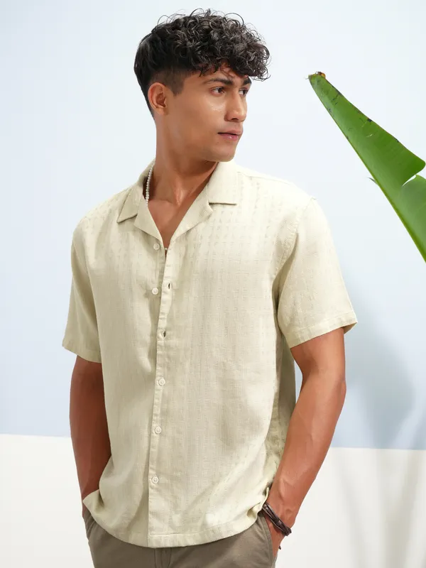 Highlander Men Beige Self Design Relaxed Fit Casual Shirt