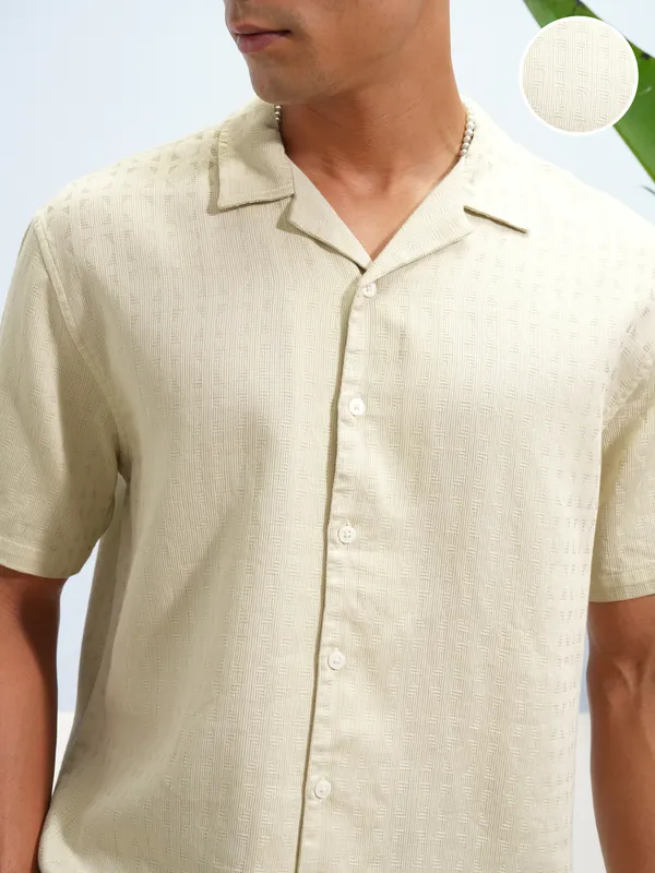 Highlander Men Beige Self Design Relaxed Fit Casual Shirt