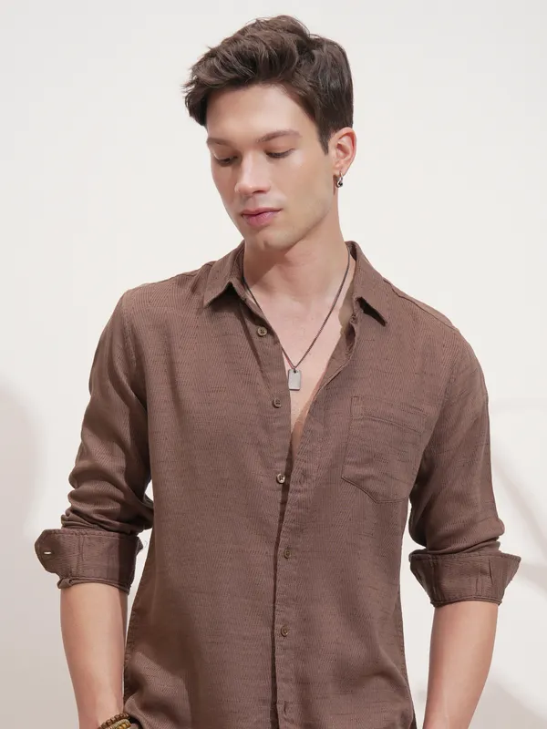 Highlander Men Brown Self Design Slim Fit Casual Shirt