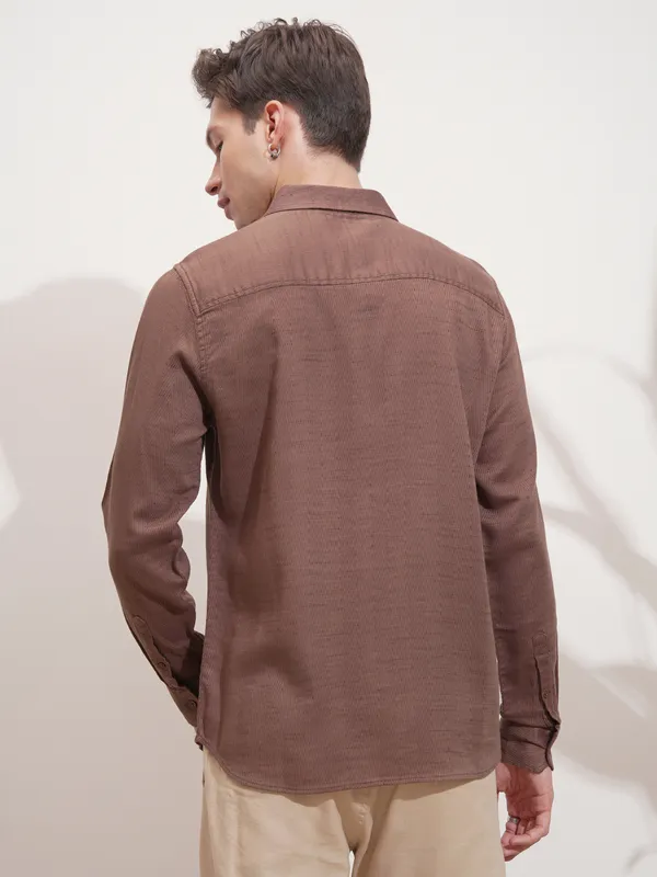 Highlander Men Brown Self Design Slim Fit Casual Shirt