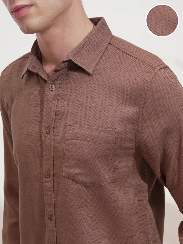 Highlander Men Brown Self Design Slim Fit Casual Shirt