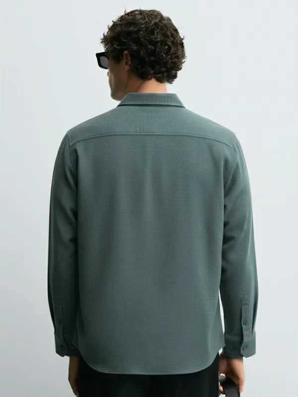 Highlander Men Green Self Design Slim Fit Casual Shirt