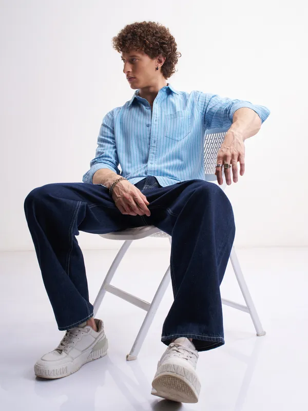 Highlander Men Blue Striped Slim Fit Casual Shirt