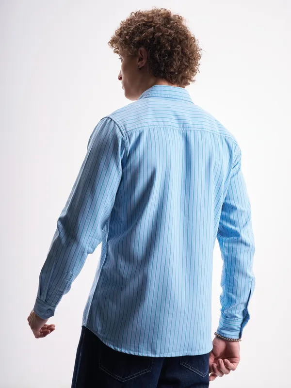 Highlander Men Blue Striped Slim Fit Casual Shirt