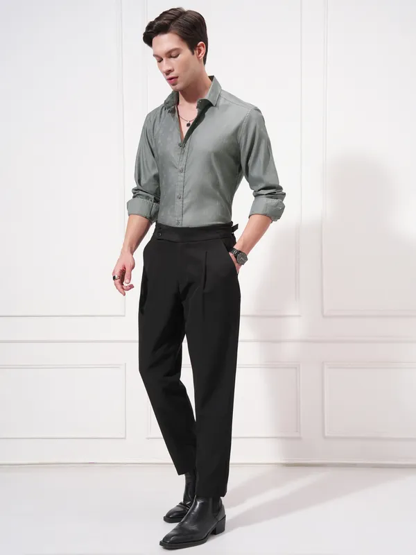 Highlander Men Grey Self Design Slim Fit Casual Shirt