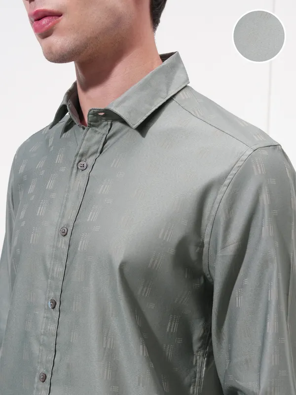 Highlander Men Grey Self Design Slim Fit Casual Shirt