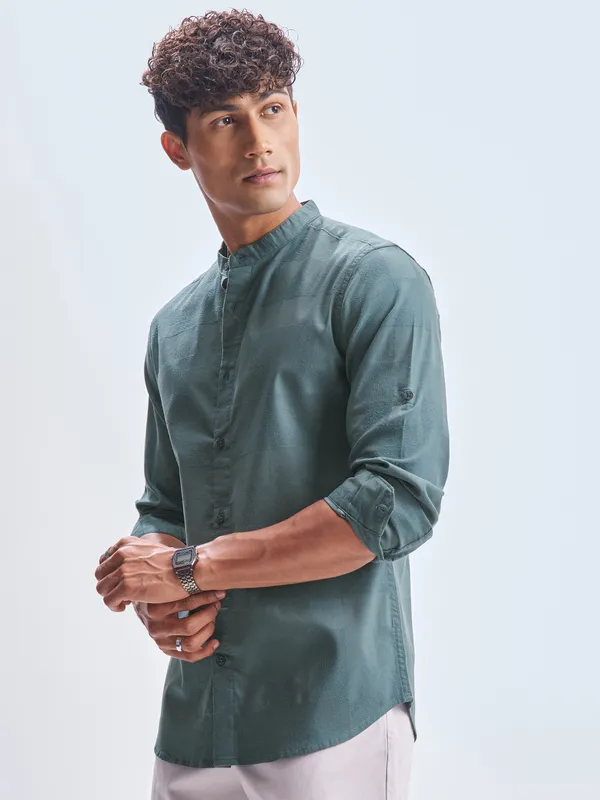 Highlander Men Teal Self Design Slim Fit Casual Shirt