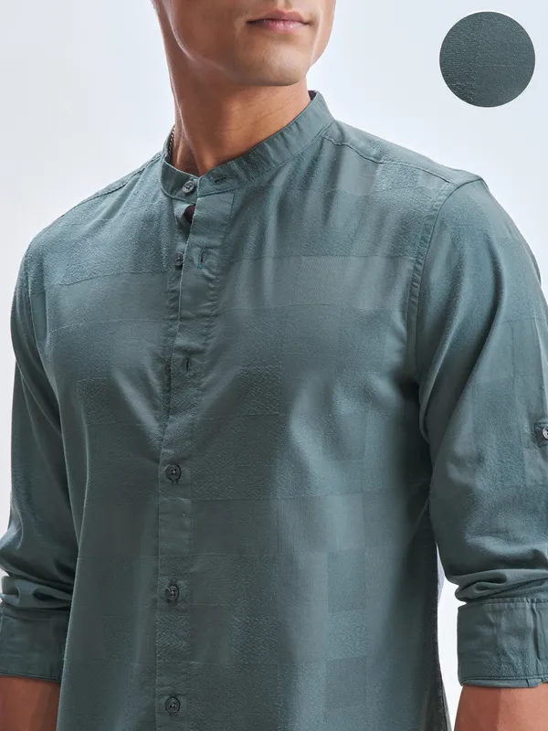 Highlander Men Teal Self Design Slim Fit Casual Shirt